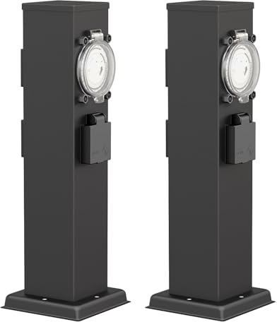 ledscom.de 2pcs POLLY Outdoor Garden Power Socket Column IP44 Timer/Time Switch, 3x, Stainless Steel, Black, Rectangular, 38 cm