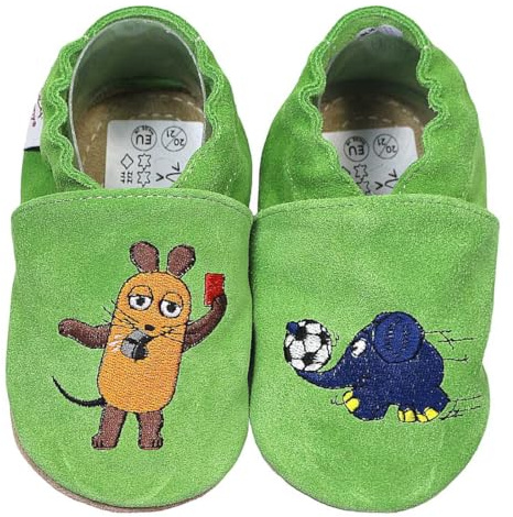 HOBEA-Germany Kitaschuhe Safestep, Kinderhausschuhe, Lederschuhe (Maus mit Elefant Fußball grün, 28/29)