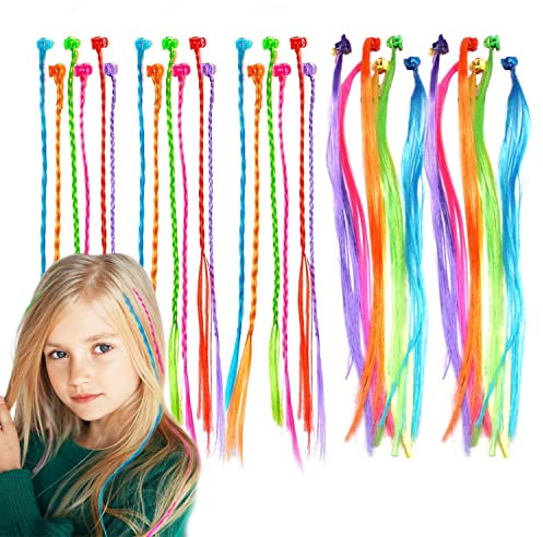 VIKSAUN 30 Stück Bunte Haarsträhnen mit Haarclips,Geflochtene Haar Geflecht Extensions Anhänge mit Neon Snap, für Geburtstagsfeierbevorzugungen und Kinder Haarschmuck