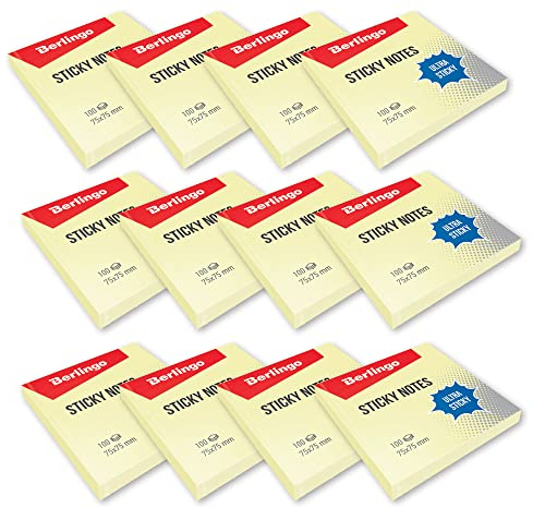 Berlingo Klebezettel Block, 75x75 mm, 12 Blöcken, 100 Blatt pro Block, klebende Notizzettel für Notizen und To-Do-Listen, Serie Ultra Klebrig, pastell farben, gelb