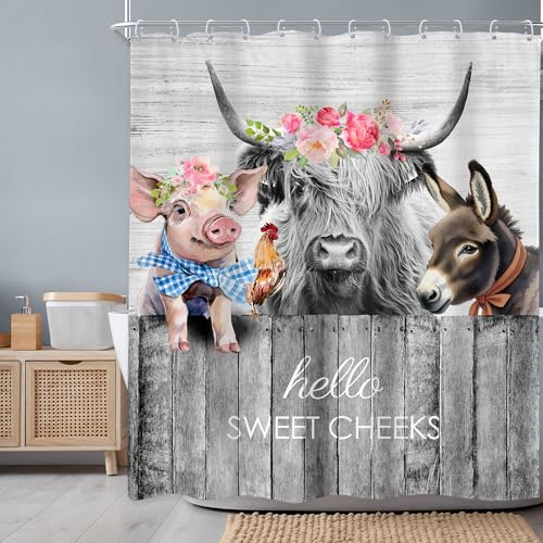 Newsely Highland Cow Farm Animals Shower Curtains for the Bathroom, Cute Cow Chicken and Pig with Flowers on Fence Bathroom Set, Western Farmhouse Rustic Funny Waterproof Bath Accessories 60Wx72H Inch