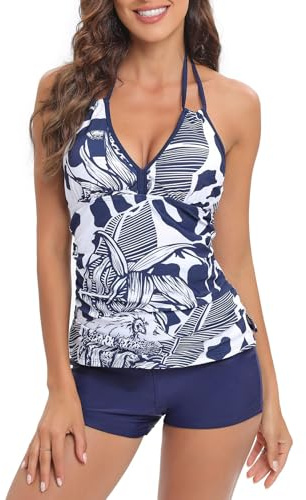 SERENYOU Tankini Swimsuits for Women Two Piece Bathing Suit Women's Swimwear V Neck Halter Tummy Control Tankini Top with Boyshorts Set Style 1 M