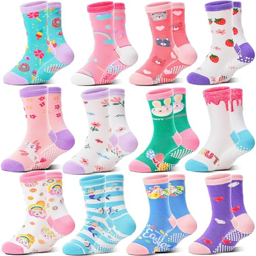 Welwoos Baby Girls Toddlers Grips Socks Non Slip Anti Skid Funny Animal Cartoon Cosy Crew Cotton Gifts Socks 12 Pairs Stocking Fillers(Colorful Flowers,9-14 Years)