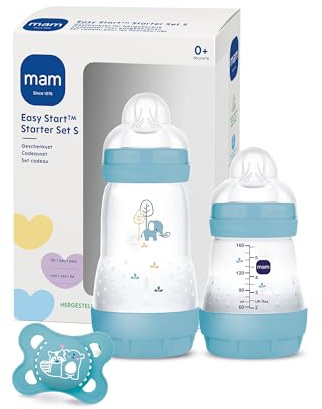 MAM Easy Start Anti-Colic Starter Set S, kit iniziale per bambini con 2 bottiglie anti-coliche (160 ml e 260 ml) con tettarella taglia 1 e ciuccio, set regalo per bambini, dalla nascita, blu