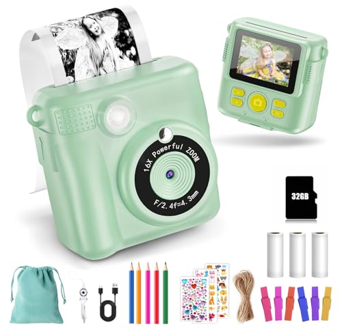 KinderKamera - Sofortbildkamera DigitalKamera Print 1080P - 16x Digitalzoom 2.4 Bildschirm - 32GB Karte - 3 Rollen Druckpapier - mit Aufbewahrungstasche Weihnachten Geschenk für Kinder 3-12 Jahren