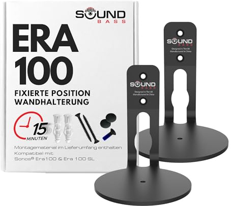 Sound bass ERA100 Wandhalterung, flaches Profil, Schwarz, Doppelpack, kompatibel mit Sonos ERA 100 Lautsprecher, komplett mit allem Befestigungsmaterial