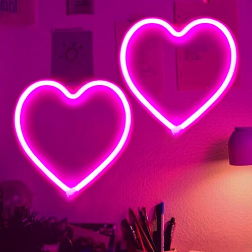 2-Pack Pink Heart Neon Sign, Neon Heart Lights Battery Operated or USB Powered For Valentines Day Decorations, LED Valentines Lights for Wedding Proposal Anniversary Mothers Day Girls’ Bedroom Decor