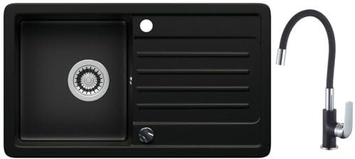 LINDBERGH® Küchen Granit-Spüle Schwarz VEL44 + 1-Tubo Siphon, Verbundstoffe Made in Germany, Spülen Küche Küchenspüle Spülbecken Kitchen Waschbecken Sinks Einbauspüle, inkl. Imprägnierung