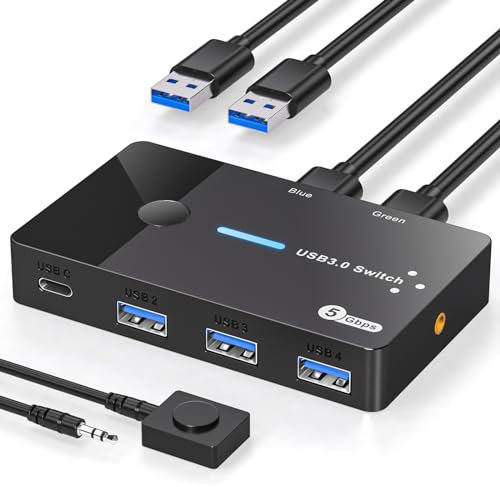 AILVLVNG Switch USB 3.0 2 PC Compartiendo Dispositivos USBC y A Conmutador USB3.0 2 Entradas 4 Salidas Compartiendo Teclado Ratón e Impresora USB Switch para con Controlador de Sobremesa y 2 USBCable