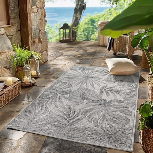 SIMPEX Outdoor Teppich Wetterfest Grau 80x150 cm Läufer, UV-beständig, ideal für Küche, Balkon, Terrasse auch Wohnzimmer und Esszimmer, Palmblätter-Design, Pfelgeleicht