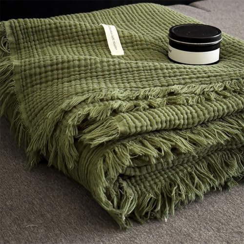 SANACYNA Manta de muselina con borlas 100 % algodón, 6 capas de gasa, color verde, manta de cama ligera, suave y transpirable, para sofá cama, colcha en ambos lados (borlas verde oliva, manta de 127 x