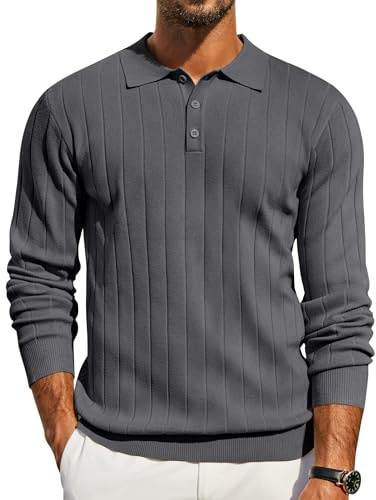 COOFANDY Mens Polo Jumper Long Sleeve Knitted Polo Shirts Regular Fit Casual Lightweight Pullover Grey M