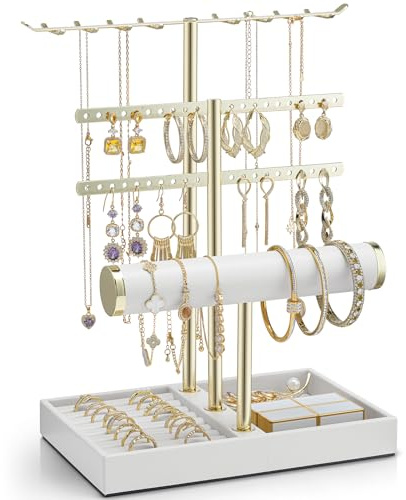 VLANDO Smyckesställ 4 våningar, PU-läder, smyckesförvaring, rumsdekoration | Smyckesorganisatör display för halsband, klockor, ringar, örhängen, armband, armring, solglasögon, vit