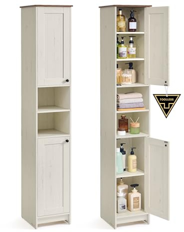SONGMICS HOME Badezimmerschrank, superschnelle werkzeuglose Montage, Toolless-Technologie, Badschrank schmal, verstellbare Ablagen, Wohnzimmer, Flur, 30 x 30 x 170 cm, vintageweiß BBC667WJ01