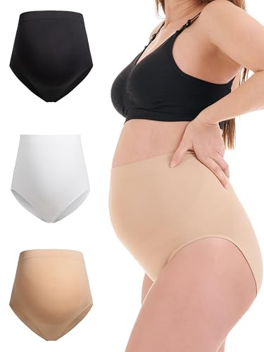 Herzmutter Braguita Premamá - Pack de 3 - Bragas de Maternidad - Ropa Interior Premamá - sin Costuras- 5830 (S-M, Negro/Blanco/Beige)