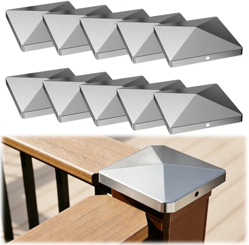 10Pcs Fence Post Caps, Square Stainless Steel Fence Toppers with Screws, Weatherproof Fence Post Tops Protector Covers for Wooden and Steel Pipes (3 x 3 inch)