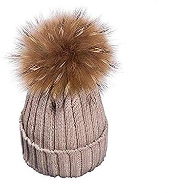 EXQULEG Warm Mütze, Echtfellbommel Pudelmütze,Winter-Mütze Bommelmütze Pelzbommel Waschbär Raccoon Pelz (Khaki)
