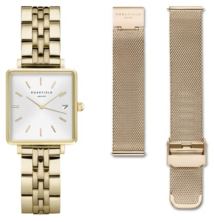 Rosefield Geschenkset The Boxy Armbanduhr Weißes Ziffernblatt Strahlenmuster Gold mit 2 Armbändern in Gold - BMWMG-X240