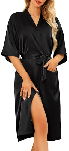 Lovasy Kimono de Satén Mujer Largo Sexy Japones Kimono Albornoces de Casa Novia y Dama de Honor con Bolsillos y Cinturón