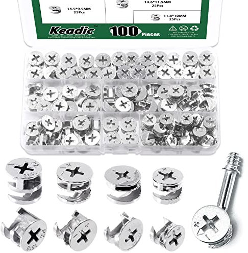 Keadic 100 Pcs 4 Sizes Furniture Connecting Cam Lock Fittings Assortment Kit, Heavy Duty Joint Connector Nut Cabinet Connectors Hardware Bolts for Wardrobe Drawer Closets Bed