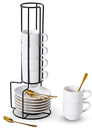 Lareina Porcelain Stackable Espresso Cups with Saucers, Spoons and Metal Stand, 3 Ounce Small Coffee Cups Set of 6 - Ceramic Demitasse Mugs, White