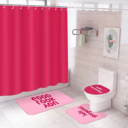 Juego de 4 Cortinas de Ducha con alfombras, Juego de baño Rosa con Cortina de Ducha y alfombras, tapete de baño Antideslizante, Cubierta de Tapa de Inodoro en Forma de U