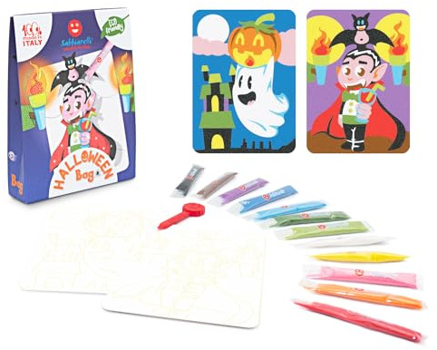 Sabbiarelli – Bag Halloween | Mini Sand Art-kit med Halloweentema | Innehåller självhäftande motiv, färgad sand och lyftverktyg | 100% Made in Italy | kreativt pyssel | barn 5-12 år