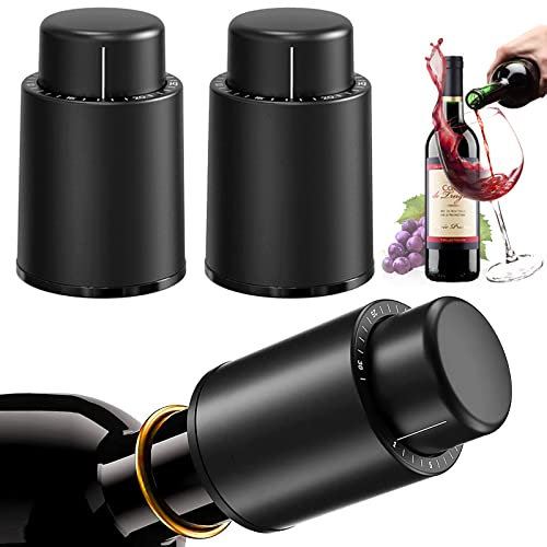 SoundZero 2 Piezas Tapón de Vacío Vino, Tapones de Botella, Tapón de Champán Al Vacío, Conservador de Vino al Vacío con Marcadores de Fecha, Vino Accesorios para Los Amantes del Vino (Negro)