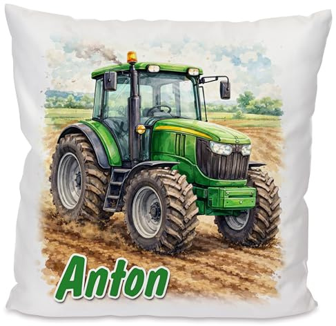 Unikatolo Traktor Kissen mit Name personalisiert, Kindergeburtstag, individuelles Geschenk Kinder, Schulanfang, Ostern, Weihnachten, Geburtstag, Kinderzimmerdeko, Bauernhof, Namenskissen (Traktor)