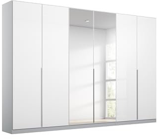 Rauch Möbel Alabama Drehtürenschrank Schrank Kleiderschrank Weiss Hochglanz/Grau mit Spiegel, 6-türig, inkl. Zubehörpaket Classic, 3 Kleiderstangen, 6 Einlegeböden, BxHxT 271x210x54 cm