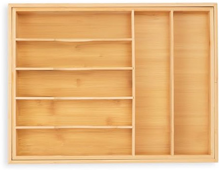 Relaxdays Besteckkasten für Schubladen, ausziehbar, 7-9 Fächer, HBT: 5 x 34-50,5 x 44,5 cm, Besteckeinsatz Bambus, Natur, 1 Stück