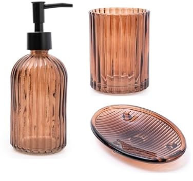 Home Deco London Set of 3 Modern Transparent Pressed Glass Bathroom Accessory Set, Includes Liquid Soap or Lotion Dispenser, Toothbrush Holder, Soap Dish (Amber Set of 3)
