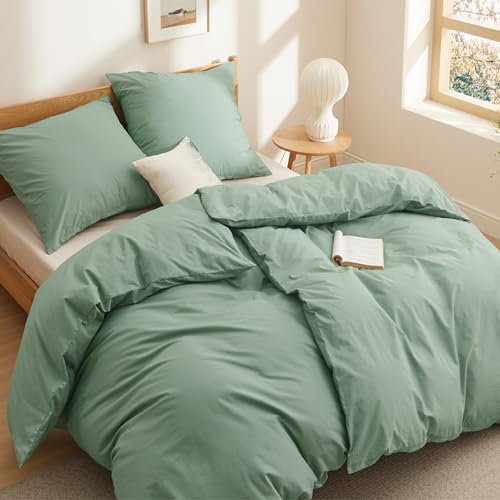 BEDSURE Ropa de cama de 135 x 200 cm, algodón de 4 piezas, color verde, juego de 2 unidades con 2 fundas de almohada de 80 x 80 cm, Öko-Tex, color verde salvia con cremallera