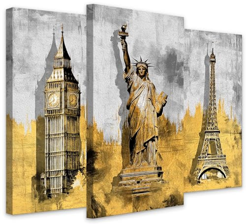Muralo - Lot de 3 tableaux muraux sur toile prêts à accrocher - Images pour salon et chambre à coucher - Décoration murale moderne - Big Ben, statue de la Liberté, Tour Eiffel - 3 images 20 x 40 cm