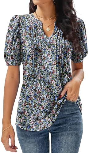 GRECERELLE Womens V Neck Tops Puff Short Sleeve | T-Shirt Pleated Floral Printed Tunic Blouse Shirts