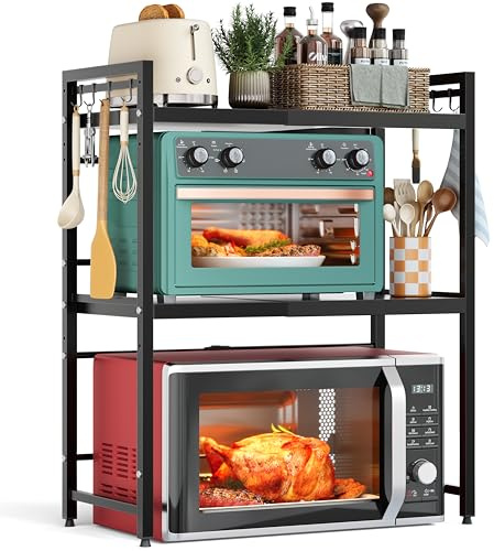 NETEL Soporte Extensible para microondas de 3 Niveles, Estante microondas encimera Ajustable, Soporte de Horno de Cocina, estanteria Cocina encimera, Organizador microondas con 8 Ganchos, Negro