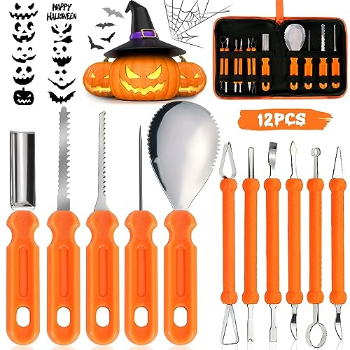 ZQEJEFD Kit de Sculpture pour Citrouille, 11 Outils de Gravure de Citrouille en Acier Inoxydable, Kit pour Citrouille d’Halloween avec Sac à Zip et 10 Modèles de Gravure pour Halloween Décoration