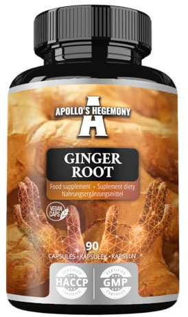 Radice di zenzero 500 mg, estratto contenente il 5% di gingeroli, 90 capsule vegane, fornitura di 3 mesi, integratori a base di zenzero per il benessere digestivo - da Apollo's Hegemony