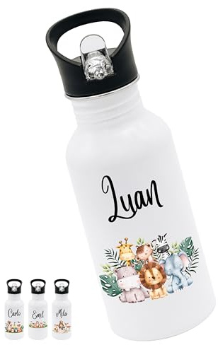 Bärenfreunde® - Personalisierte Trinkflasche Kinder Edelstahl [ 500ml ] - Robuste Trinkflasche mit Namen - Wasserflasche mit Trinkhalm - Personalisierte Geschenke für Kinder (Tiere Dschungel)