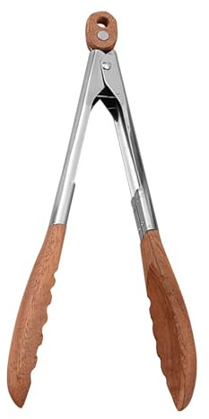homfanseec Wooden Tongs - Premium Food Wood Serving Tongs with Non-Slip Grip, Heat Resistant, Ideal for BBQ, Salad, Toaster, Bread, Pickles and Flipping Burgers (Silver+Brown, 38 x 4 cm, 1 PC)