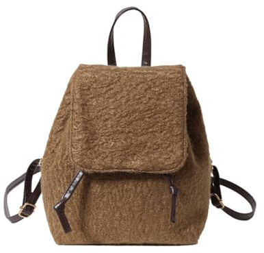 Pelziger Damen-Rucksack, Plüsch, Kordelzug, Tagesrucksack, große Kapazität, Schultasche, lässiger Rucksack für den modischen täglichen Gebrauch, Khaki