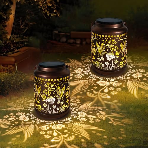 MIFXIN Confezione da 2 lanterne solari colibrì, luci da giardino metallo, lanterna esterna gancio pastorale, impermeabile, LED, ornamenti giardino