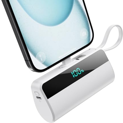 Externt batteri för iPhone, 5 500 mAh Mini Power Bank med inbyggd USB C-kabel, 20 W PD snabbladdning, bärbar LCD-skärm, bärbart batteri, kompatibelt med iPhone 16/15/14/13/12/11/X/8/7-vit