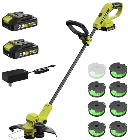 SEYVUM String Trimmer, 20V 12-inch Cordless Weed Wacker with Auto Line Feed, 2 X 2.0Ah Battery Powered Lawn Edger with 8 Pcs Grass Cutter Spool Line, Fast Charger Included, Lemon Green