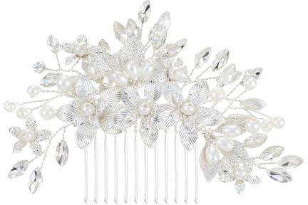 Crystal Bridal Hair Combs, Decorative Bride Wedding Hair Combs with Rhinestones, Flower Wedding Clips Accessories for Brides and Women, Pack of 1 (Silver)