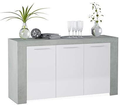 duehome | Aparador, Buffet Moderno, Armario Auxiliar Comedor, Modelo Dara, Color Blanco Artik y Gris Cemento, Medidas: 144 cm (Largo) x 42 cm (Fondo) x 80 cm (Alto)