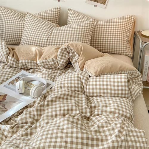 Michorinee Beige Gingham Grid Pattern Duvet Cover Single Bed Bedding Set | Tan Plaid Checkered Pattern, Reversible, Washed Microfiber, Quilt Cover 135x200 with Zipper, Pillow Cases 50x75 cm