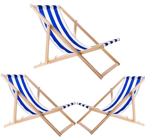 WOODOK Liegestuhl Klappbar - Gartenliege Klappbar bis 120kg, Sonnenliege aus Buchenholz ohne Armlehne (3X Weiß-Blau)