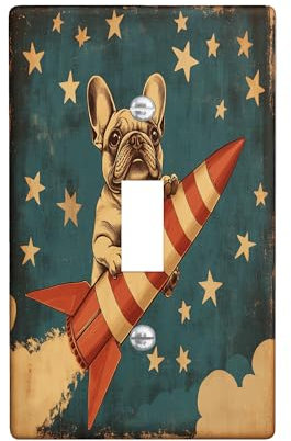 Vintage Dog on Rocket Light Switch Cover Plates/Outlet Covers, Aqua Blue Starry Night for Home Decor, Thermoplastic Wall Plates, Standard Size Single Toggle
