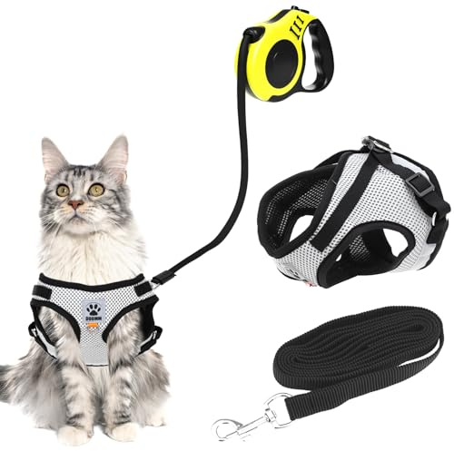 QWORK® Pettorina gatto, pettorina per gatti regolabile e resistente alle fughe con guinzaglio estensibile di 5 metri, per gatti e cuccioli